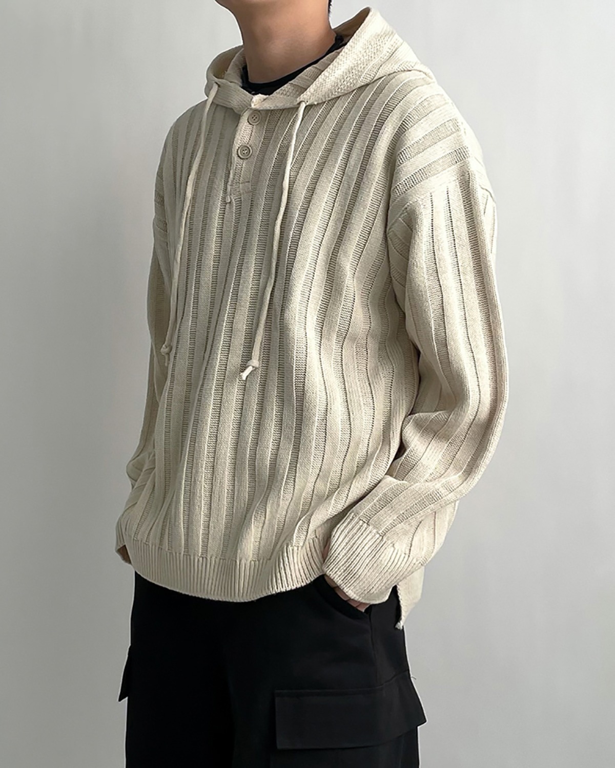 Over stripe knit warmer hoodie (3C)