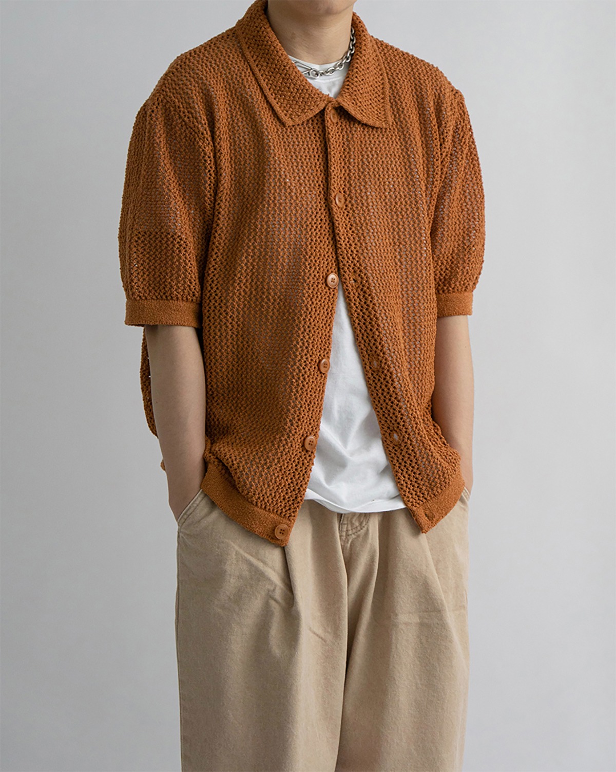 Net collar half knit cardigan (4C)