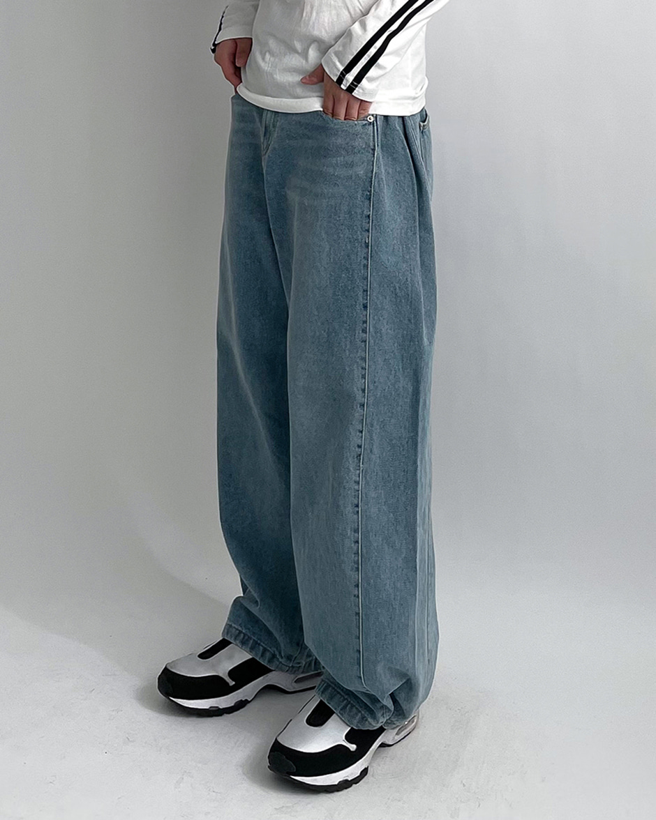 Wide snap blue denim pants (1C)