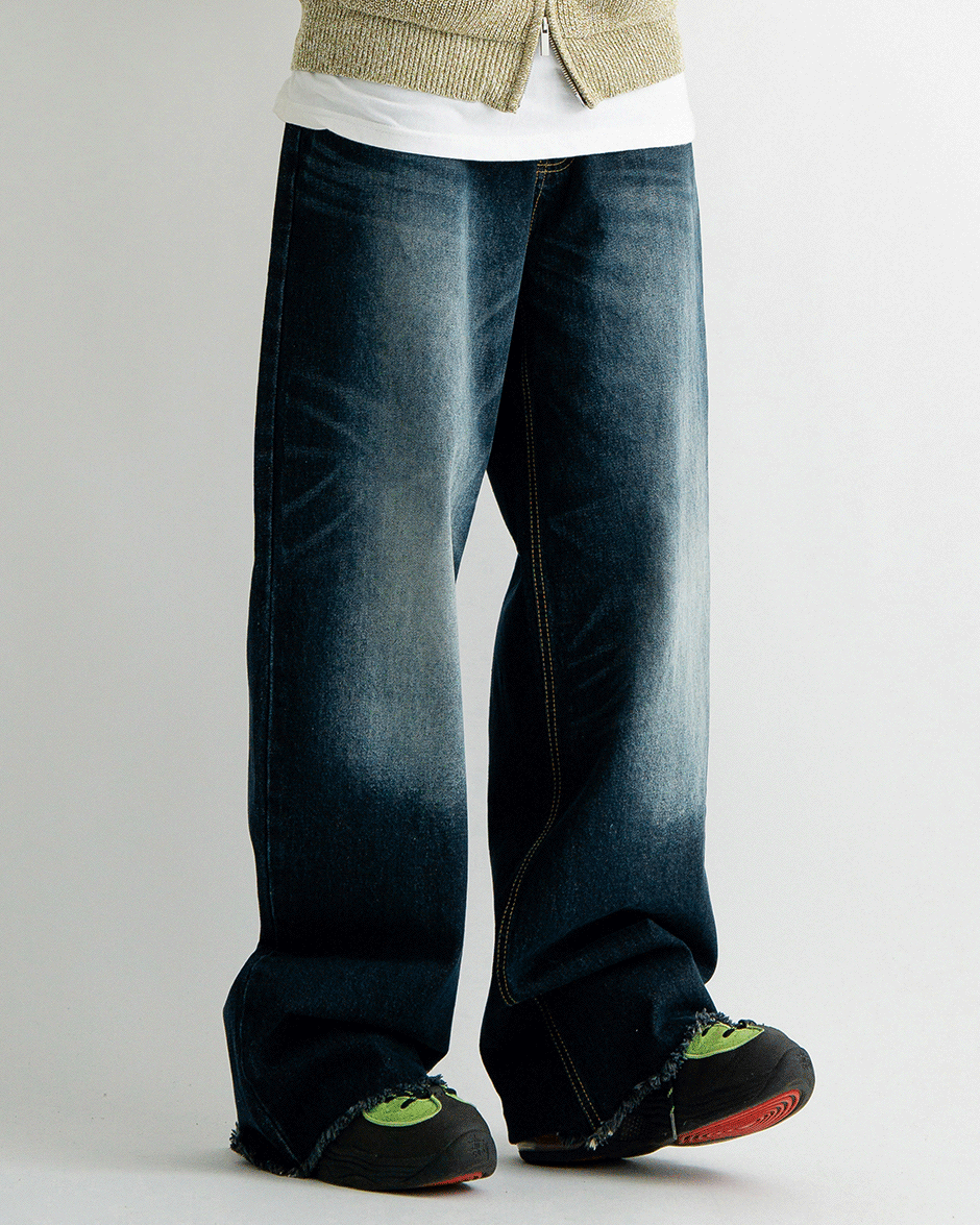 Blue cutted wide denim pants (1C)