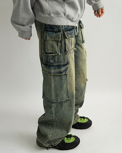 Multi pocket wide denim pants (1C)