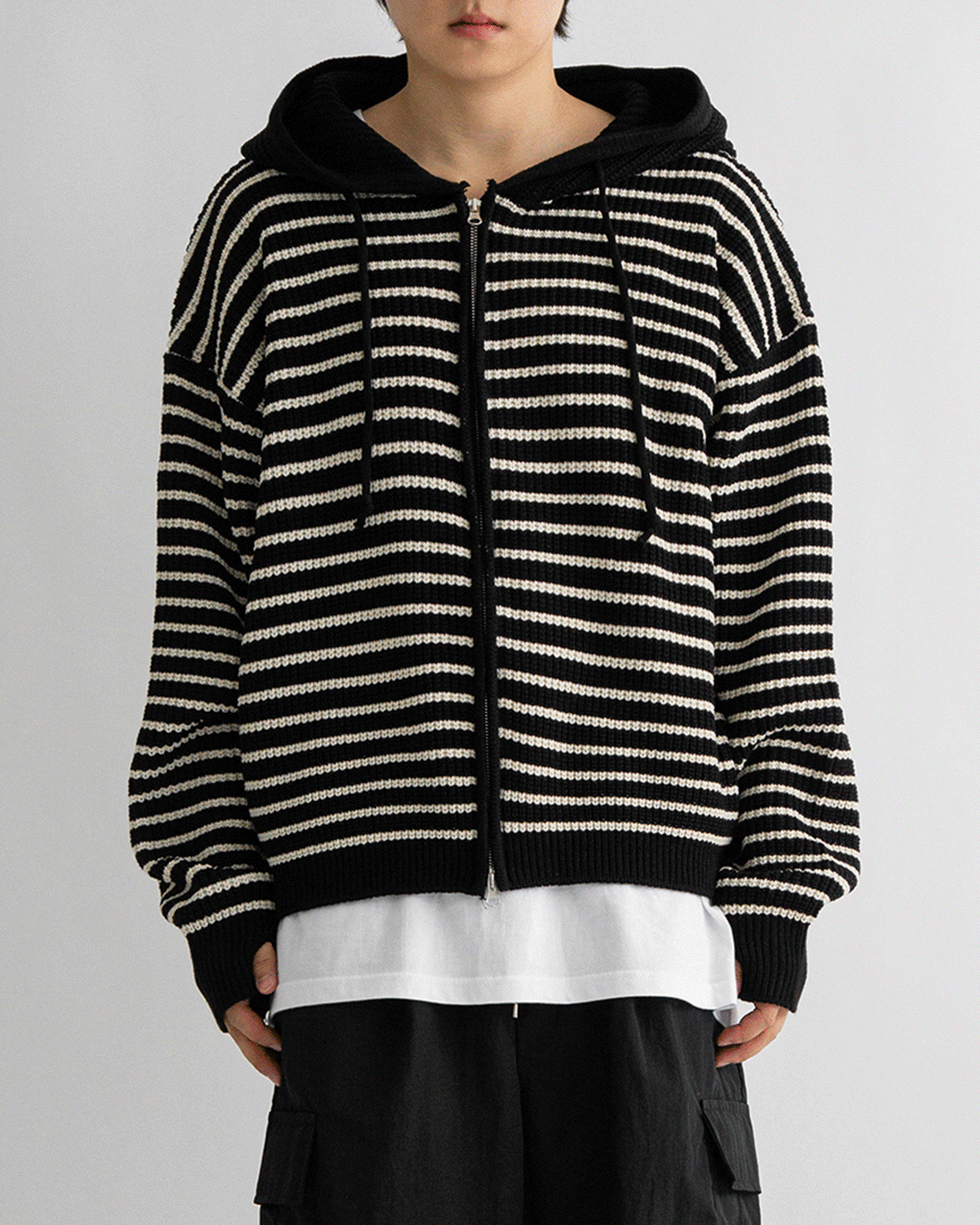 Stripe knit hood zip-up (3C)